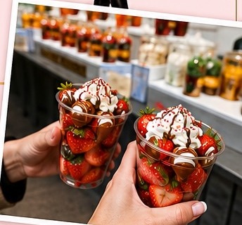 Two hands holding fresh Berry Bougie strawberry cups