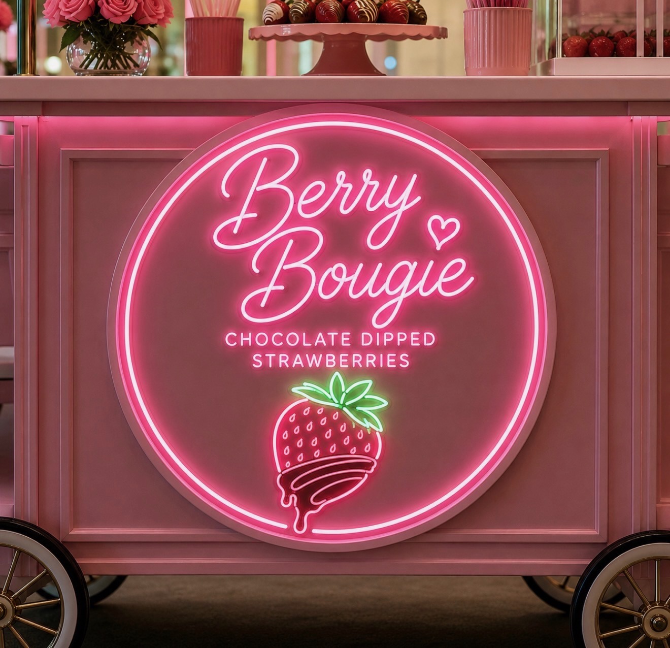 Berry Bougie neon sign on the luxury dessert cart