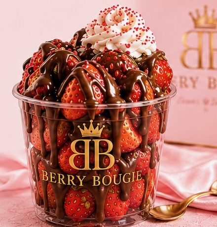 Berry Bougie chocolate drizzled strawberry cup topped with whipped cream and sprinkles