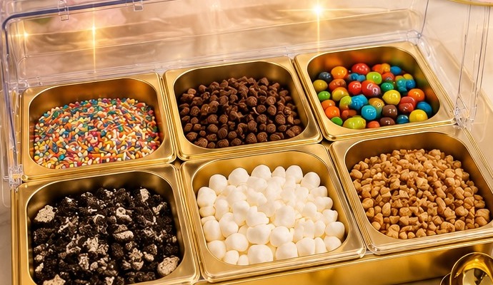 Gold topping bar with sprinkles, mini chocolate chips, mini M&M's, crushed Oreos, mini marshmallows, and nuts